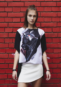 Blouse with Print Bat and Leather