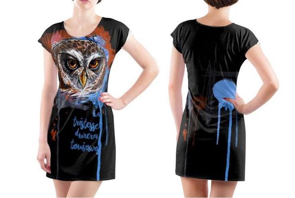 Dress with   Print  Night Owl  - COTTON