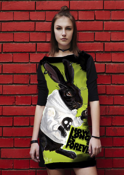 Рокля с Принт Rabbit  How long is forever  - дълъг ръкав