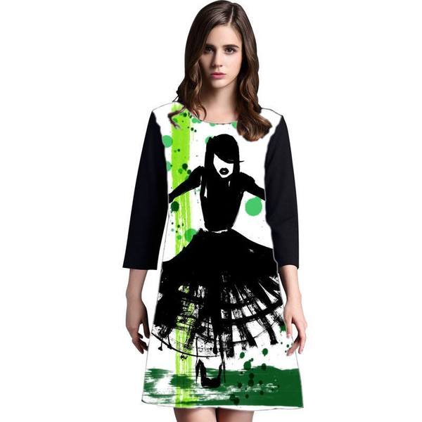 Dress with Print Green and Black - long sleeve