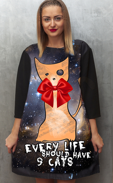 Dress with Print Cosmic Kitty - long sleeve