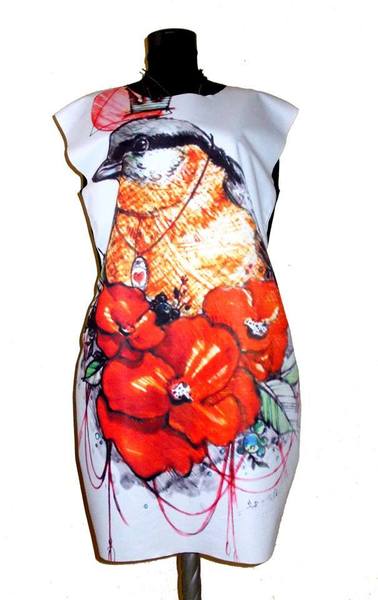 White Dress with Print Bird 