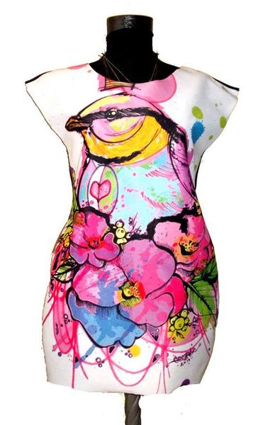White Dress with Print  Pink Bird 