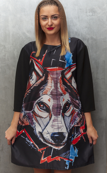 Dress With Wolf Drawing Printed long sleeves